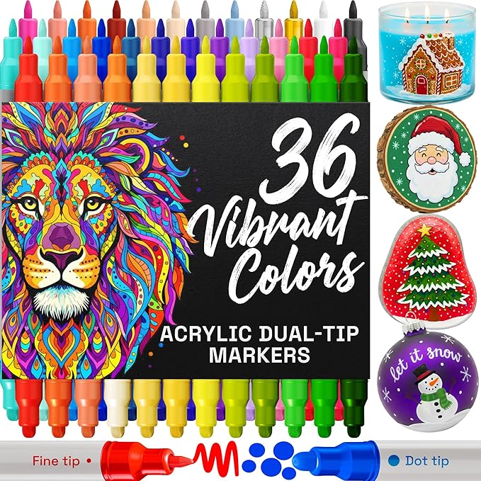 ARTISTRO 36 Acrylic Paint Markers for Rock, Fabric, Wood, Glass, Craft, Decoration - Dual-Tip Paint Pens - Stocking Stuffers, Christmas Gift Idea for Teens, Grandkids, Kids - Art Supplies