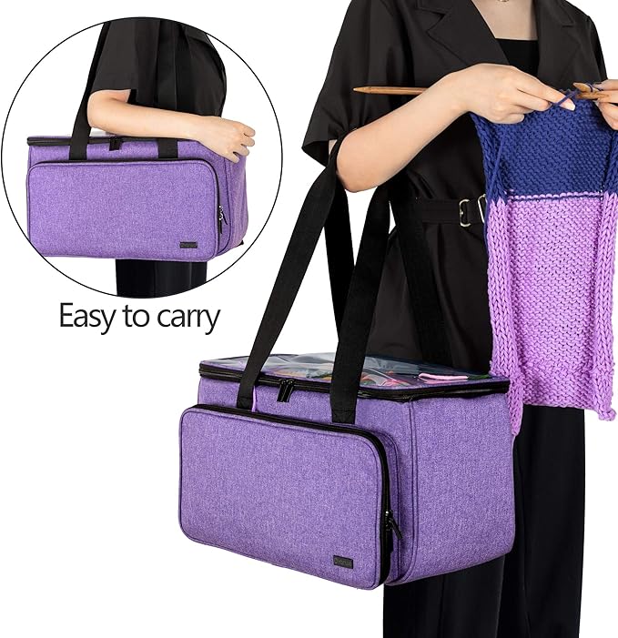 Yarwo Knitting Yarn Bag, Crochet Tote with Pocket for WIP projects, Knitting Needles(Up to 14”) and Skeins of Yarn, Christmas & New Beginnings Gifts for Women, Purple (Bag Only)