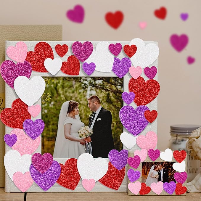 300 PCS Valentines Stickers, Self-Adhesive Foam Heart Stickers Valentines Decor, 3 Sizes Glitter Valentine Crafts, Red Purple Heart Themed Decor for DIY Scrapbooking Cards Craft Supplies