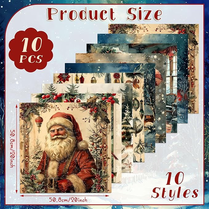 Hahafelt 10 Pcs Vintage Winter Quilting Fabrics by The Yard 20 x 20 Inch Square Nutcracker Santa Claus Square Quarter Fat Rustic Reindeer Fabrics Sewing Precut Patchwork for DIY Craft Party Decor