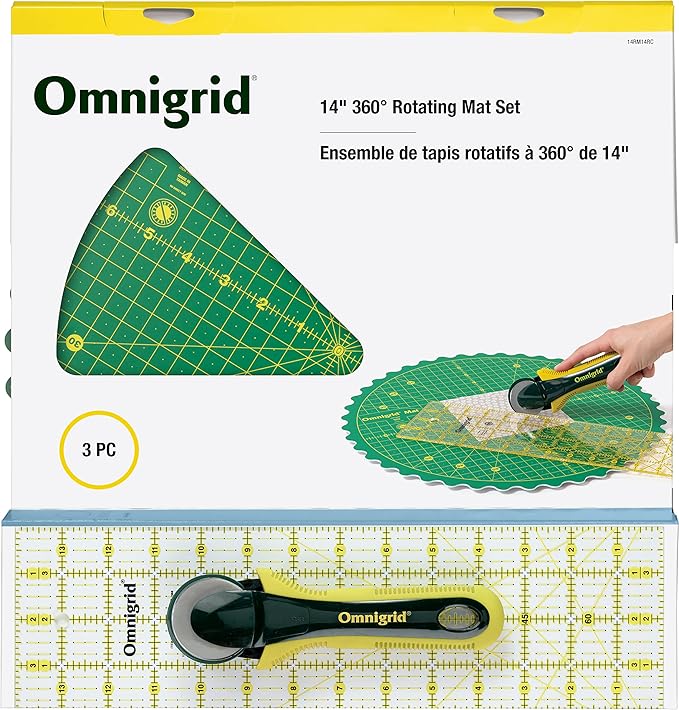 Omnigrid 14" 360° Rotating Mat Set with Self-Healing Cutting Mat, Ruler, and Rotary Cutter