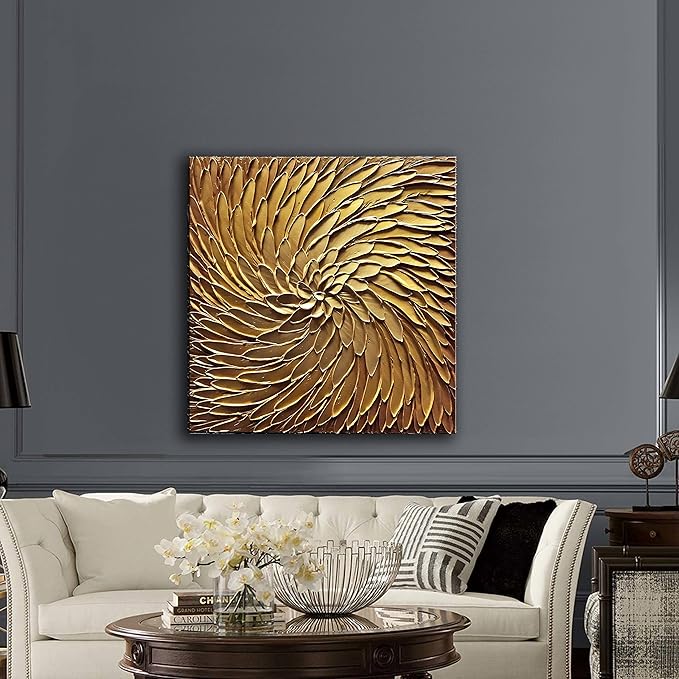 Abstract Art Oil Paintings on Canvas metal golden Gradient color Abstract Artwork Modern Home Decor Canvas Wall Art Ready to Hang for Living Room Bedroom 24x24inch