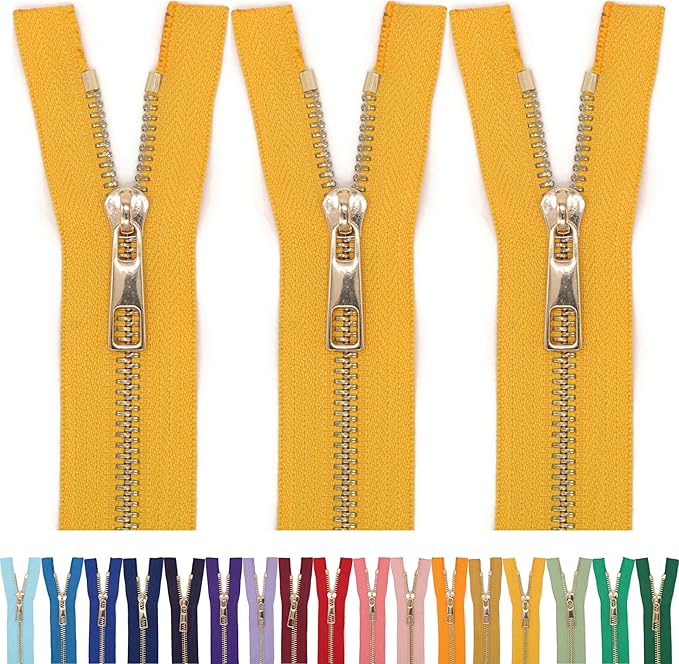 #5 Gold Metal Zipper - 50+ Colors - 3 PCS - (4-14 inches) Sizes - Luxury Lightweight Handcraft Metal Zippers with pulls for Purses Bags Pockets Shoes Sewing & Crafts DIY ZP02126
