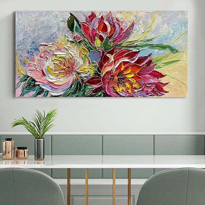 Art Hand Painted red Flowers Art Oil Painting 24x48 Thick Texture Abstract Wall Decorative Art Oil Painting