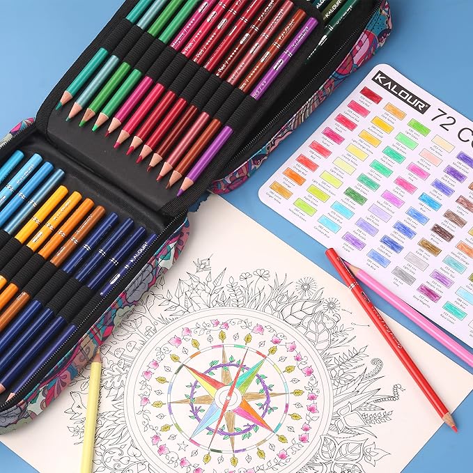 KALOUR 72 Colored Pencils for Adult Coloring Book,With Coloring Book,Zipper Slot Pencil Case,with Sharpener,Soft Core,7 Metallic Color,Ideal for Layering Blending,for Artists Beginners Kids(Pink)