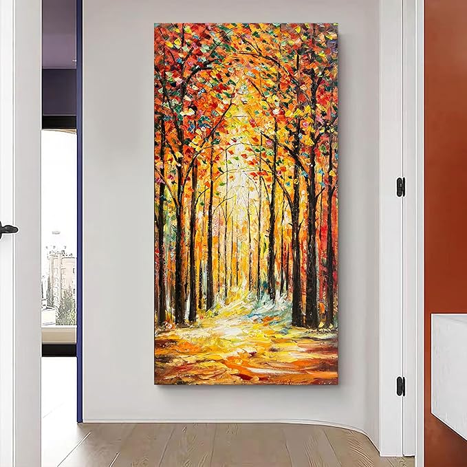 Hand-Painted Forest Landscape Oil Painting - Contemporary Abstract Art, 48x24 Inch Home Wall Decoration