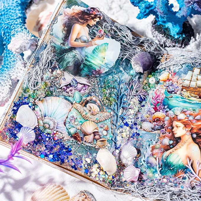 Yoksas Fantasy Sea Ocean Life Mermaid Stickers - 180Pcs Waterproof Clear Sea World Marine Animals Scrapbook Stickers for Junk Journals,Planner
