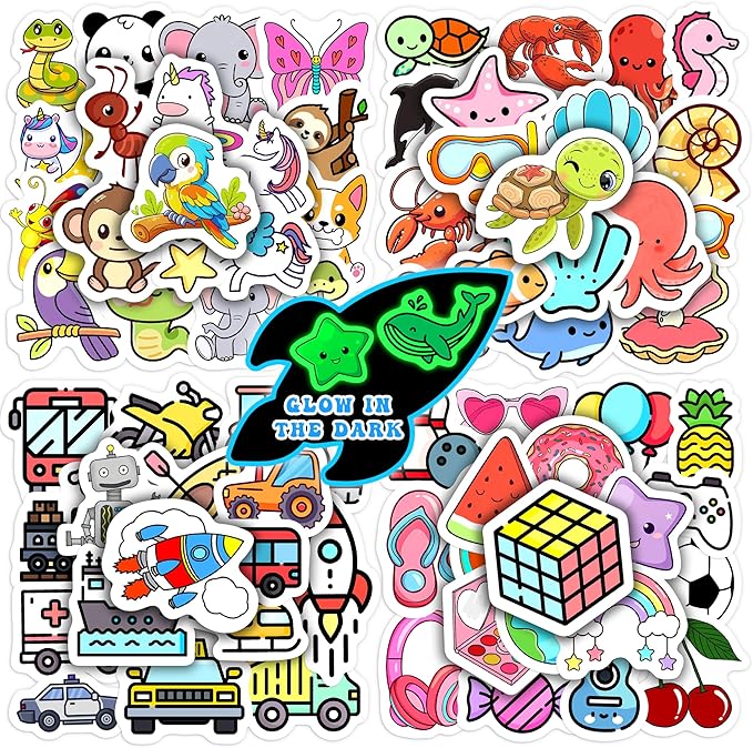 100 Pcs Glow in The Dark Cute Water Bottle Stickers for Kids, Cartoon Mixed Animals Laptop Decals, Waterproof Vinyl Skateboard Phone Case Scrapbook Stationery Box Decorative Sticker