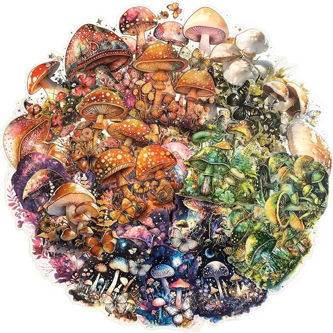 60PCS Holographic Mushroom Stickers for Scrapbooking – Clear Fairycore Aesthetic Stickers with Fantasy Glow, Cottagecore Fungi Forest Decals for Journaling, Planners, Resin Crafts, Laptop Decor