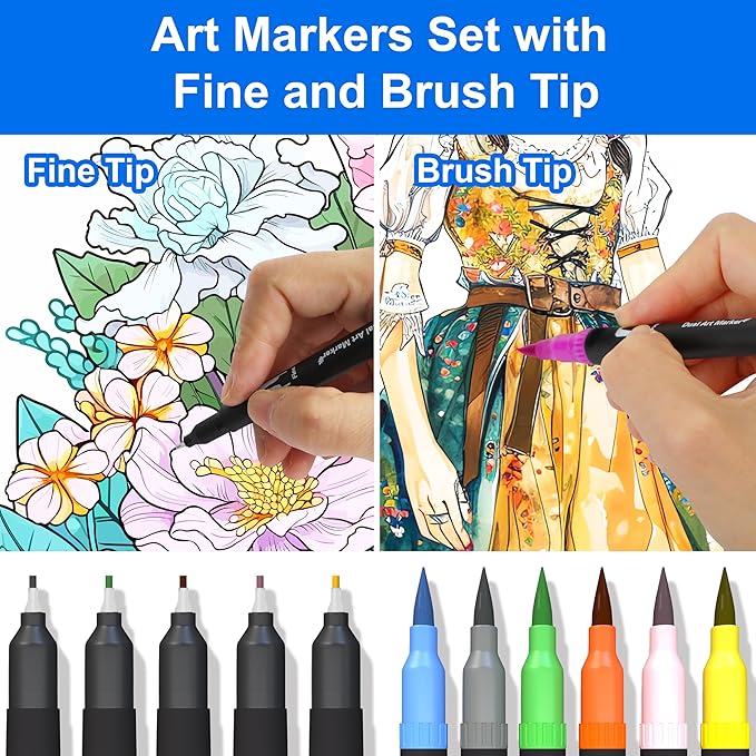 Dual Brush Marker Pens, 24 Colors Art Markers with Fine and Brush Tip Coloring Markers for Adults, Marker for Journaling Calligraphy Drawing Sketching Doodling Illustrating