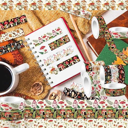 12 Pcs Mushroom Washi Tape White and Black Halloween Masking Tape Ghosts Pumpkins Bats Pattern Decorative Paper Sticker for Halloween Party Holiday Scrapbook DIY Craft Gift Wrapping Handbook Sticker