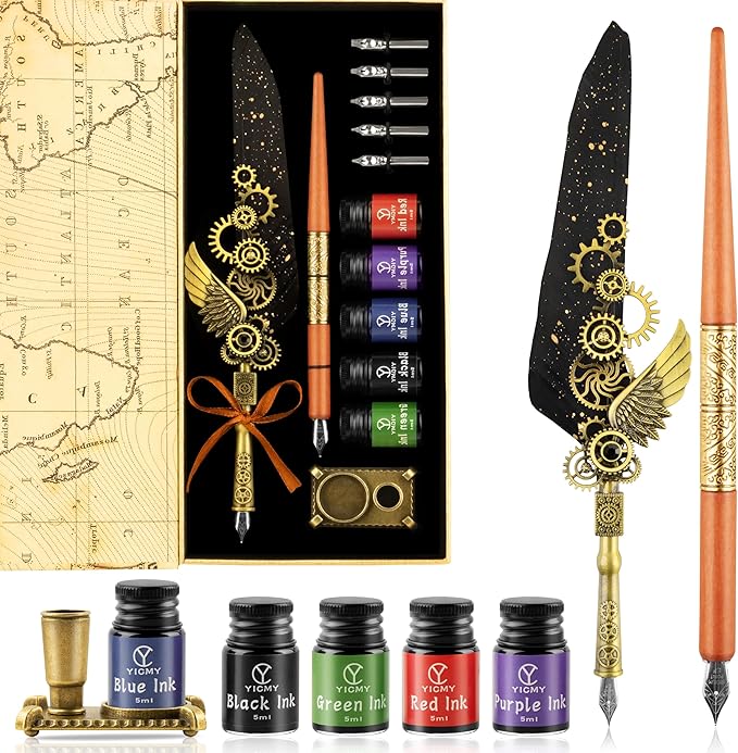 Quill Pen and Ink Set, Calligraphy set includes feather quill pen, Wooden Dip Pen, 5 Color Ink, 5 Replaceable Nibs, Pen Holder,Vintage Calligraphy Pens for Beginners and Calligraphy Lovers (Black)