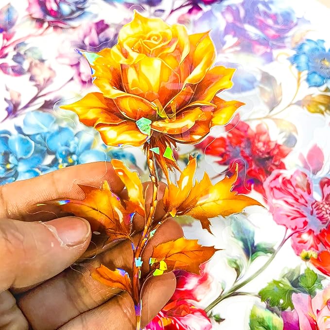 Yoksas Large Holographic Shiny Fantasy Flowers Stickers - 30Pcs Waterproof Clear Glitter Floral Scrapbook Stickers for Junk Journals,Planner,Resin Art Supplies