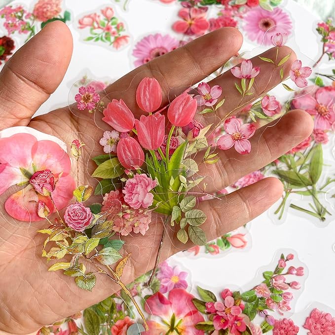 Yoksas Nature Vintage Pink Flower Plants Stickers - 100 Pcs Aesthetic Clear Floral Stickers for Scrapbooking, Journaling,Planner,Art Project