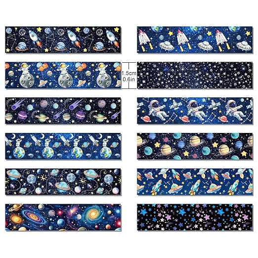 12 Pcs Space Planet Washi Tape Space Planet Masking Tape Decorations Astronaut Starry Sky Decorative Paper Sticker for Galaxy Journals, Planners, DIY Craft Gift Wrapping Handbook Stickers