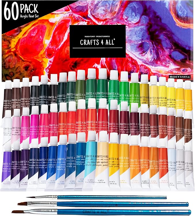 Acrylic Paint Set for Adults and Kids - 60 Pack of 12mL Paints with 3 Art Brushes, Non-Toxic Craft Paint for Easter Eggs, Ceramic Rock Paint - Art Supplies