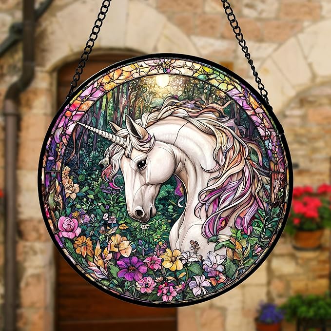 Stained Glass Window Hanging, Unicorn Flowers Suncatcher for Doors Home Sun Catchers Decoration and Christmas, Mother's Day Birthday Gifts for Women, Men, and Mom 11.8x11.8 in