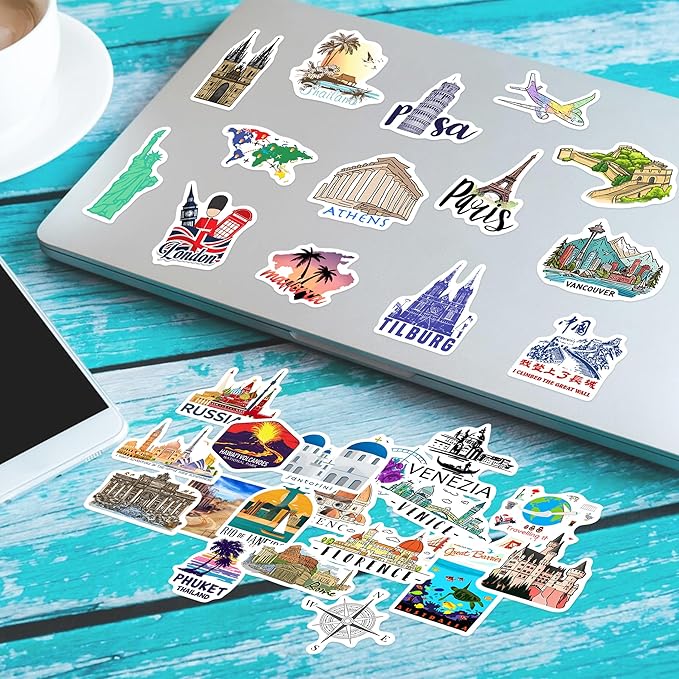 World Featured Architecture Sticker Pack, 100 Pcs Waterproof Vinyl Map Water Bottle Phone Case Laptop Decals, Travel Stickers for Girls Kids Teens Adults, Vintage Aesthetic