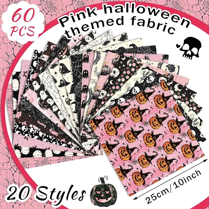 Ganeen 60 Pcs 10 x 10 Inch Pink Gothic Quilting Fabric Squares Spooky Pink Ghost Fat Patchwork Precut Strips Retro Pumpkin Skull Fabric Bundles for Christmas Halloween DIY Craft Sewing Quilt Material