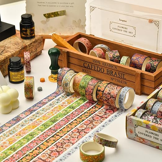 20 Rolls Flowers Washi Tape Set Floral Arts Adhesive Tapes Gold Foil Decorative Masking Tape Sets for Craft, Kids, Scrapbook, DIY, Gift Wrapping
