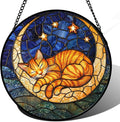 Stained Glass Window Hanging - Orange Moon Sleeping Cat Sun Catcher for Door Home Decor Blue Starry Sky Suncatcher Christmas Mother's Day Birthday Gifts for Women Men Mom Nana 6.3 in
