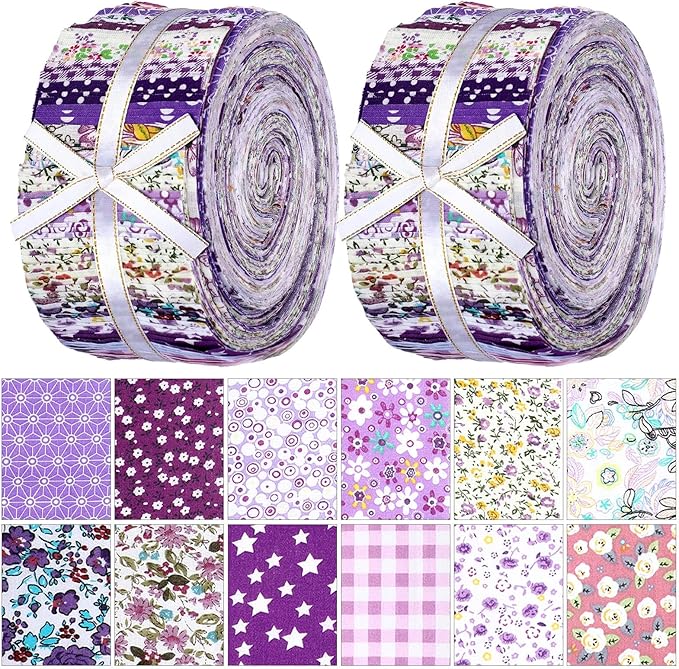 Ganeen 100 Pcs Purple Floral Quilting Fabric Roll 2. 56 Inch Fabric Squares Jelly Patchwork Precut Strips Bundles for Holiday Materials Craft DIY Sewing Cloths