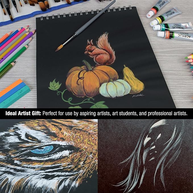 U.S. Art Supply 9x12 Premium Heavy-Weight Black Paper Sketchbook, 64lb (140gsm), 2 Pack, 30 Sheets, Spiral Bound, Black Paper Notebook for Colored Pencil, Markers, Oil Pastels, Chalk, Charcoal