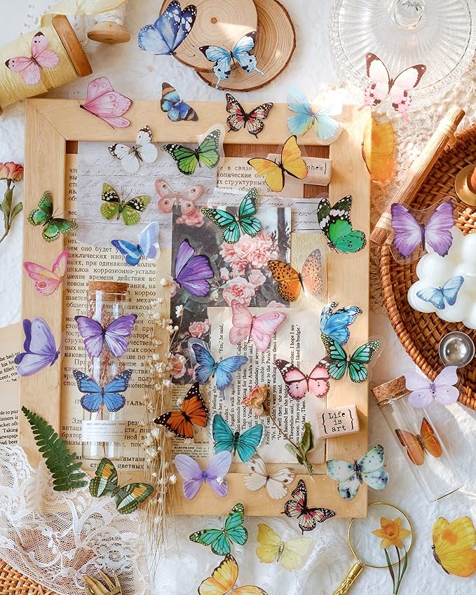 Knaid Butterfly Stickers Set (320 Pieces) Transparent Colorful Butterflies Resin Stickers Decals for Nature Scrapbook Supplies Junk Journal Bullet Journals Planners Laptops Paper Crafts