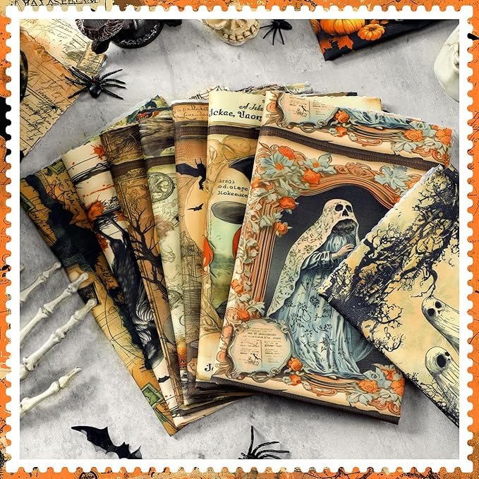 Hahafelt 10 Pcs 18 x 22 Inch Vintage Halloween Quilting Fabric Square Spooky Gothic Quilted Fabric Bundle Fat Quarters Pumpkin Skull Cat Owl Precut Patchwork Supplies for Holiday DIY Sewing Craft