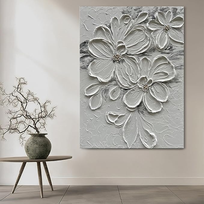 Hand-Painted White Flower Texture Art - 40x28 inches Modern Abstract Home Wall Decorative Art