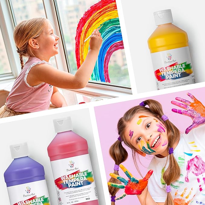 Positive Art Washable Paint for Kids – (8 Colors, 16 oz Each) Made in USA, Non-Toxic Tempera Paint Set – Bulk Classroom Paints for Students, Finger Painting, School Use – 8 Pack