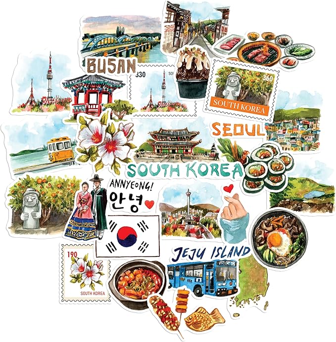 Navy Peony Scenic South Korea Travel Stickers (30pcs) - Watercolor, Waterproof, Iconic Seoul Vacation Decals for Journals, Scrapbooks, Water Bottles