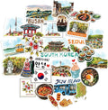 Navy Peony Scenic South Korea Travel Stickers (30pcs) - Watercolor, Waterproof, Iconic Seoul Vacation Decals for Journals, Scrapbooks, Water Bottles