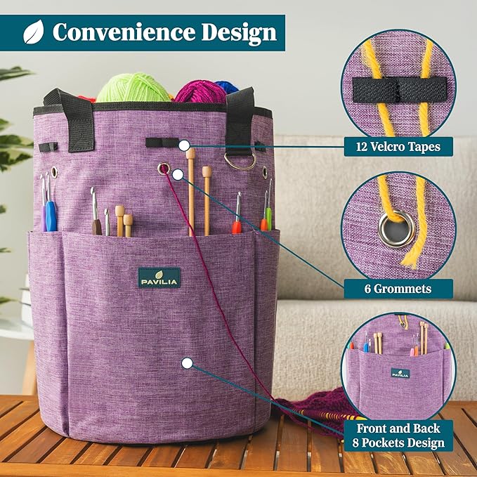 PAVILIA Crochet Bag Knitting Bag Organizer, Yarn Bag Storage Tote for Crocheting On The Go, Knitting Accessories Supplies Holder with Grommets, Gift for Crochet Lovers Knitters (Heather Purple)