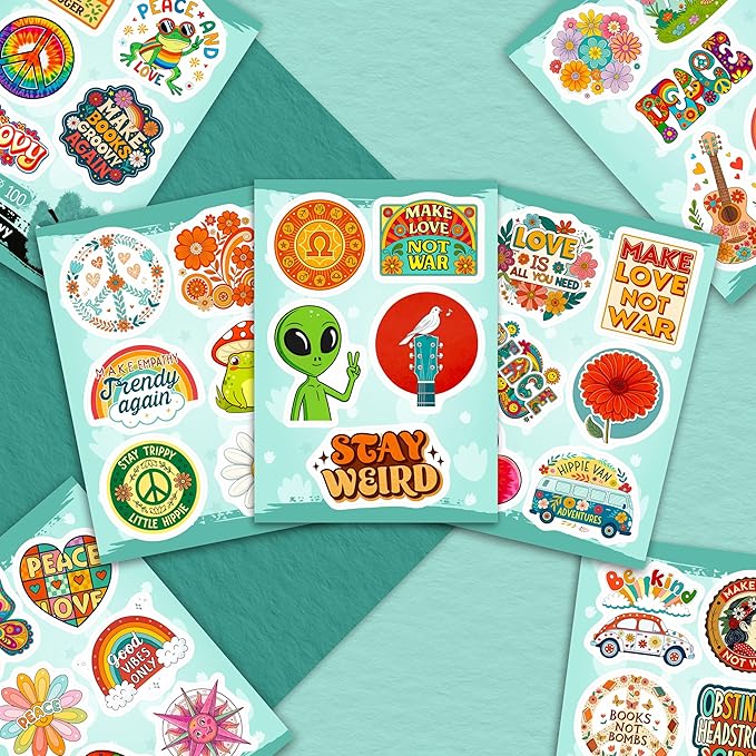 100Pcs Hippie Stickers for Phones, Water Bottles, Groovy Stickers Bulk for Laptop, for Water Bottle - Hippie Gifts, Party Supplies & Decoration - Gift for Women & Men