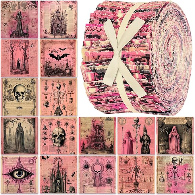 Ganeen 100 Pcs Pink Halloween Quilting Fabric Roll Vintage Skeleton 2. 56 Inch Fabric Squares Jelly Patchwork Precut Strips Bundles for Holiday Materials Craft DIY Sewing Cloths