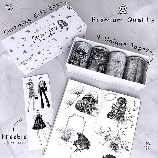 4 PET Tapes for Journaling and Scrapbooking - Black & White Junk Journal Supplies for DIY Arts & Crafts Projects