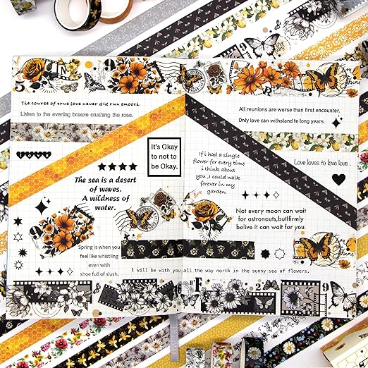 Vintage Bee & Floral Decorative Washi Tape Set - 14 Rolls Retro Honeycomb, Blossom Design craft tape Pack for Journaling, Scrapbooking,Junk Journal, Bullet Journaling , 2 Sizes Decorative Masking Tape