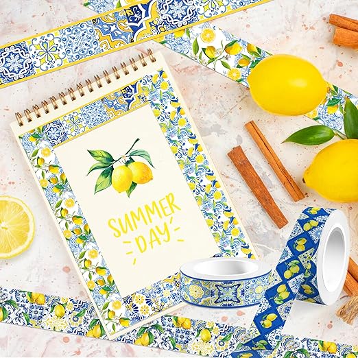 Adirasenotek Lemon Washi Tape 12 Rolls, Blue Tiles Yellow Lemon Printed Decorative Washi Tape Set, DIY Art Crafts Wrapping Decor for Gifts Wrapping,Wedding Bridal Shower