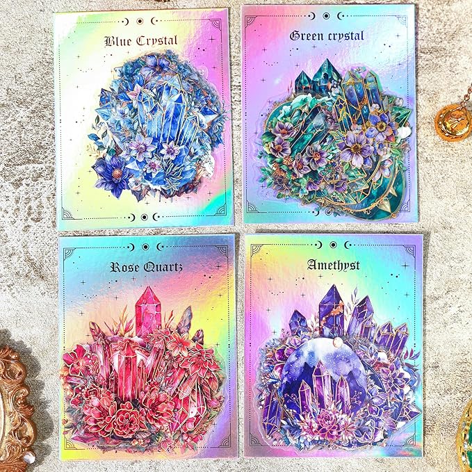 80 Pcs Mystical Crystal Flower Stickers – Aesthetic Boho Watercolor Scrapbook Stickers, Clear Floral Gemstone Decals for Journaling, Planners, Resin Crafts
