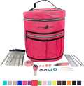 Designer Stitch Happy Knitting Starter Kit: 20 Piece Knitting Kit for Beginners & 7 Pocket Yarn Bag, Signature Yarn Storage - Red