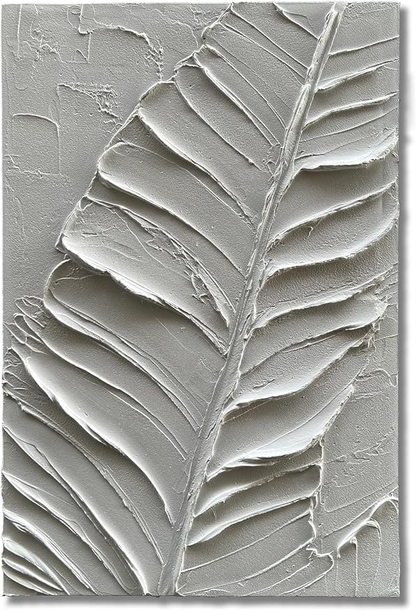 Art Hand-Painted Modern Minimalist Abstract Art Featuring White Leaf Texture - Oil Painting for Home Office Corridor Wall Decoration. 36x24 inches
