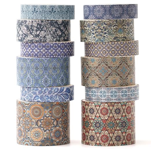 12 Rolls Exotic Charm Washi Tape Set Floral Arts Adhesive Tapes Geometric Garden Decorative Masking Tape Sets for Craft, Kids, Scrapbook, DIY, Gift Wrapping (Azure Serenity)