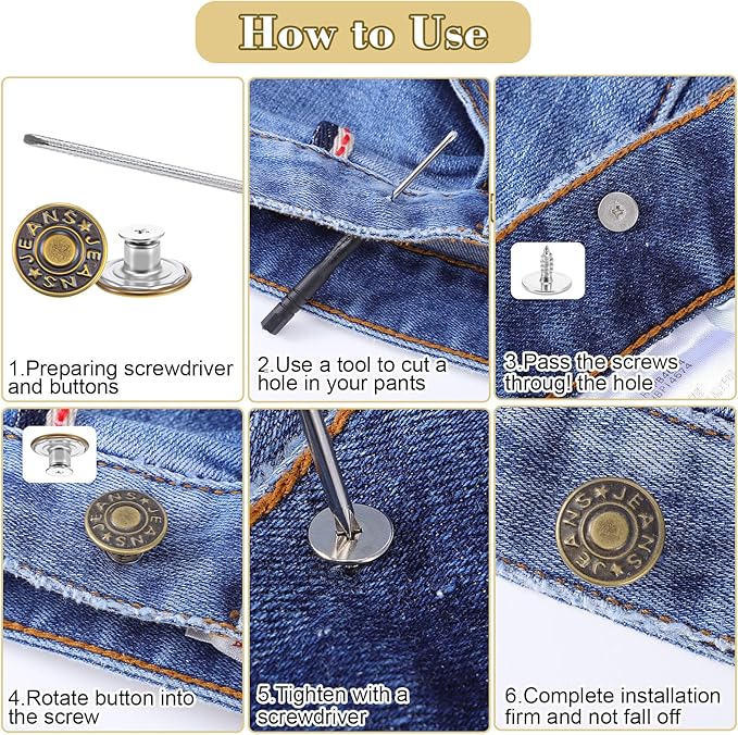 10 Sets Jean Buttons for Loose Jeans, 17mm Jean Button Replacement, Removable Jean Button Replacement Repair Kit with Threads Rivets and Screwdriver, Zinc Alloy Jean Buttons Repair Kit