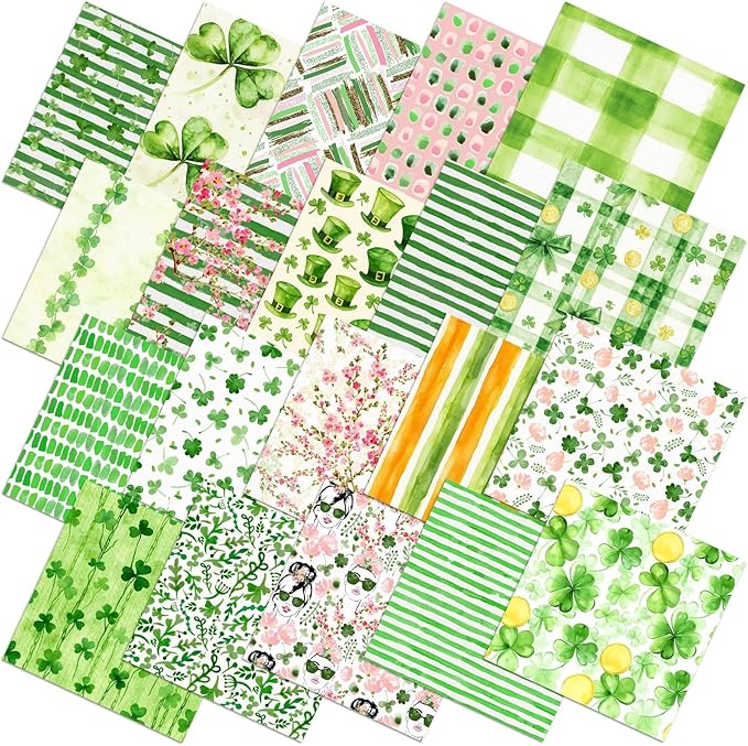 20 Pcs 10''x10'' St. Patrick's Day Quilting Fabric Square Bundle Watercolor Irish Precuts Quiltted Fabric Shamrock Lucky Clover Printed Patchwork Supplies for Patchwork DIY Sewing Craft
