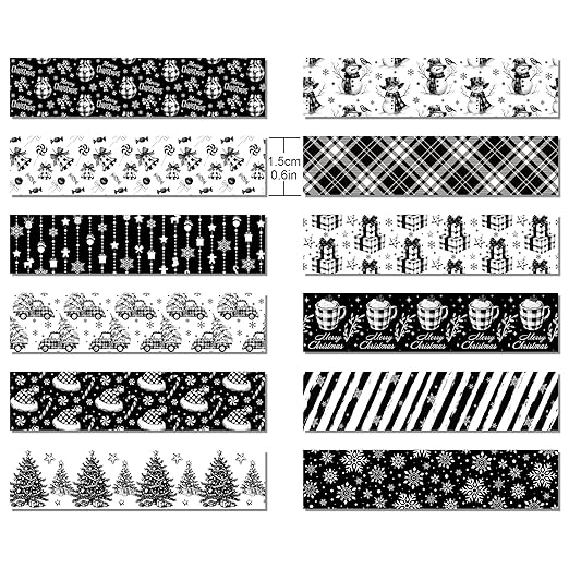 Adirasenotek 12 Rolls Black Christmas Washi Tape Decorative Tape,Snowflake Xmas Pattern for DIY Art Craft Gift Wrapping Scrapbook Journal Planners Xmas Supplies