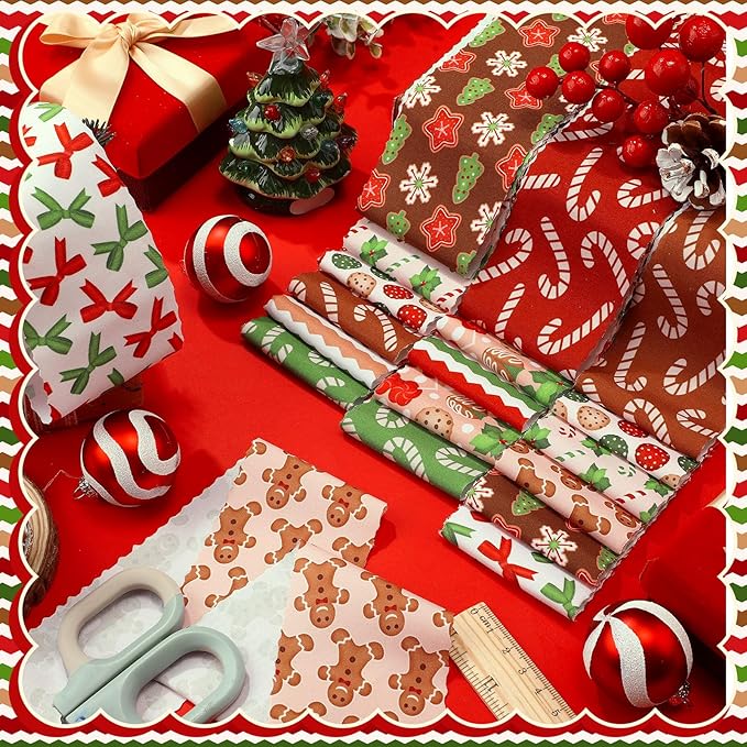 Ganeen 100 Pcs Christmas Red and Green Quilting Fabric Roll 2. 56 Inch Fabric Squares Jelly Patchwork Precut Strips Bundles for Holiday Materials Craft DIY Sewing Cloths