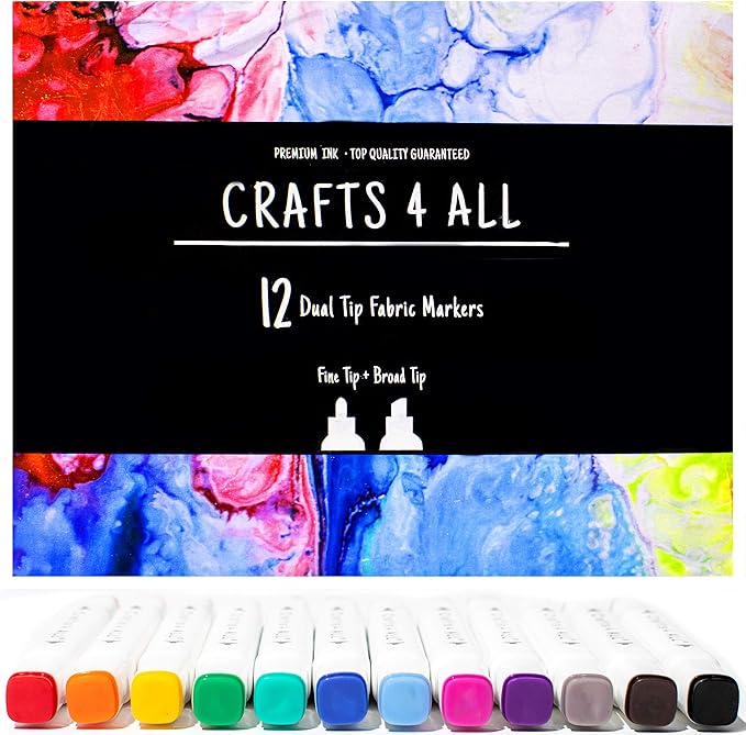 Crafts 4 All Fabric Markers for Clothes - Pack of 12 No Fade, Dual Tip Permanent Fabric Pens - No Bleed, Machine Washable Shoe Markers for Fabric Decorating - Laundry Marker, Erases Stains Easily