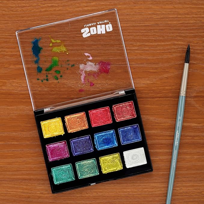 Soho Urban Artist Glitter Bomb Watercolor Paints - 12 Glitter Watercolor Paint Colors, Semi-Moist, Ultra-Sparkly for Shimmering Mixed-Media Art & Journaling