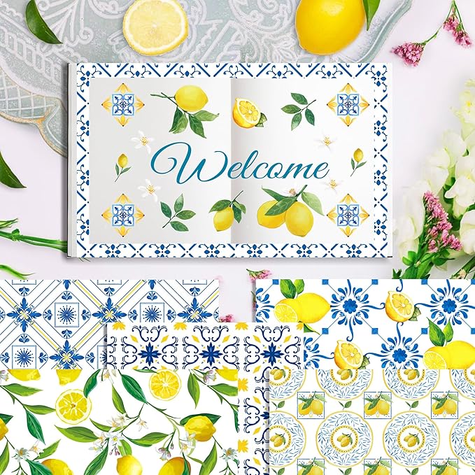 24 Sheets Lemon Scrapbook Paper Pad Double-Sided Blue Tiles Yellow Lemon Patterned Decorative Craft Paper for Card Making Photo Album Journal DIY Craft, 11.8'' x 11.8''